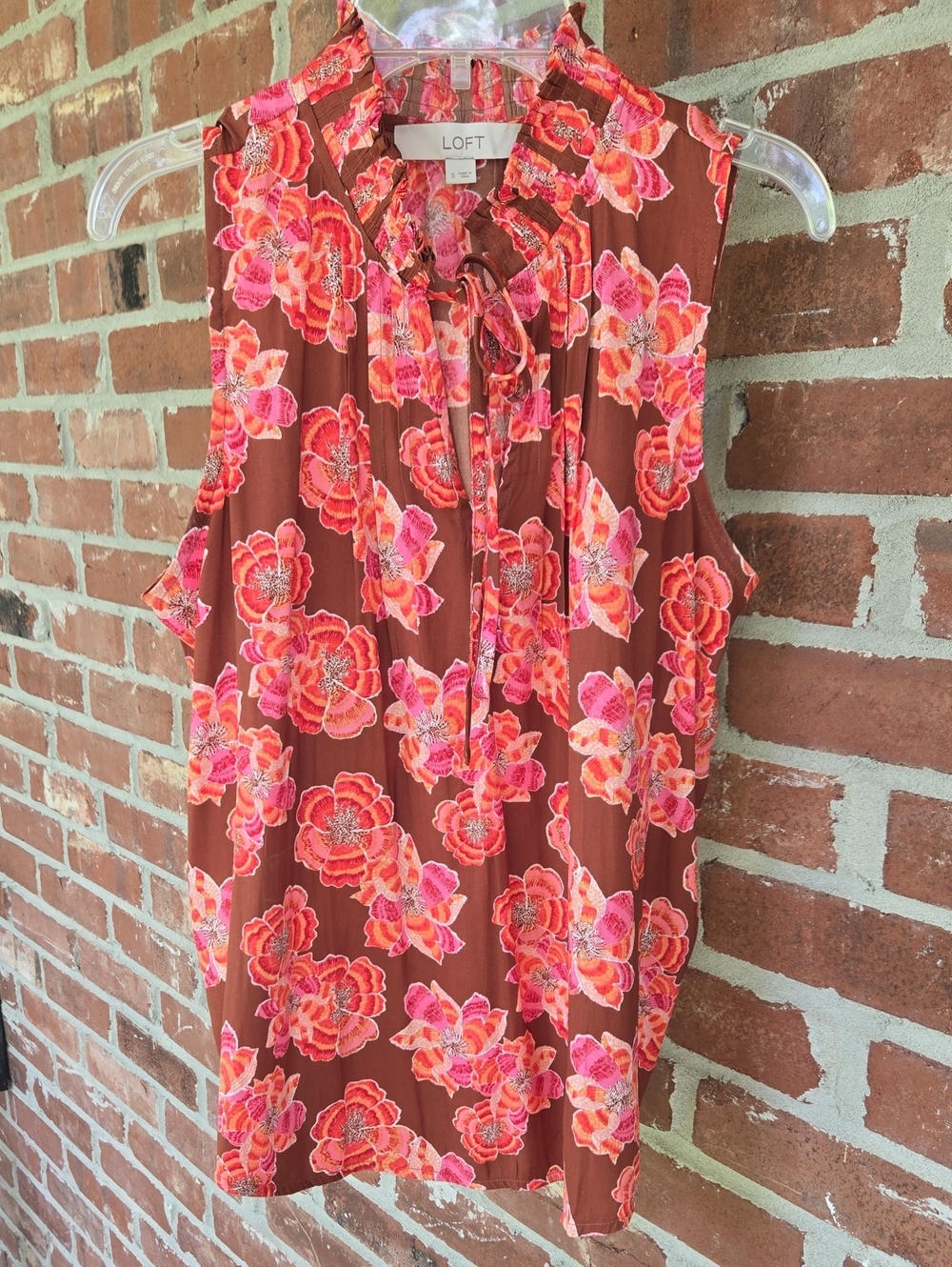 LOFT Brown Sleeveless Floral Tie-Neck Blouse with Pink and Coral Flowers